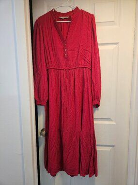 Loft Red Long Sleeve Floor Length Dress with Clip Dots